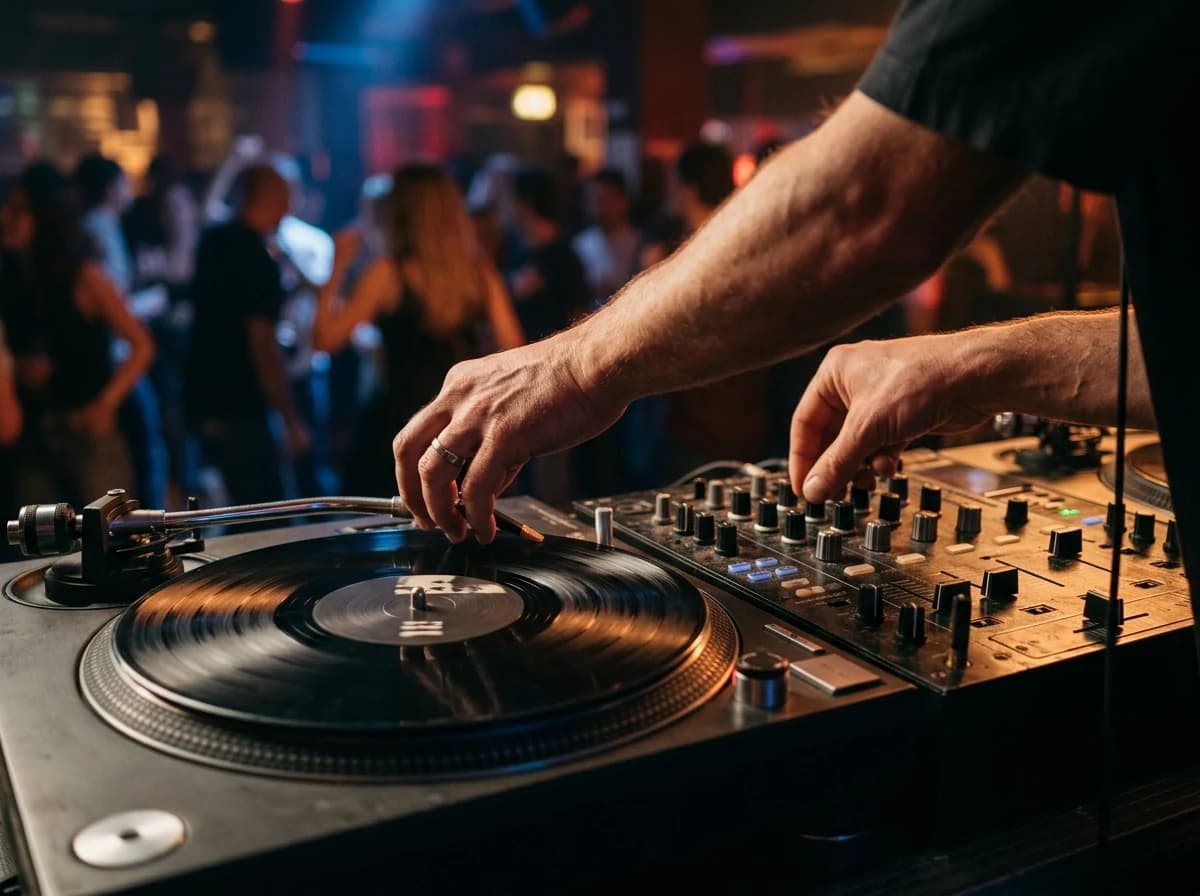 DJ's hands skillfully manipulating turntables and mixer controls.