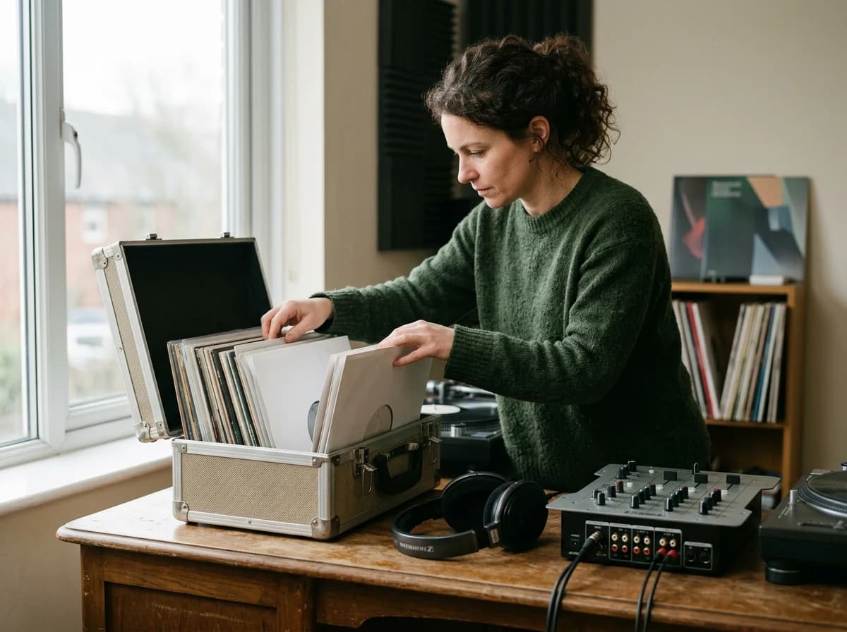 An open record case holding vinyl in plain sleeves beside headphones and a compact unbranded DJ mixer on a studio table.