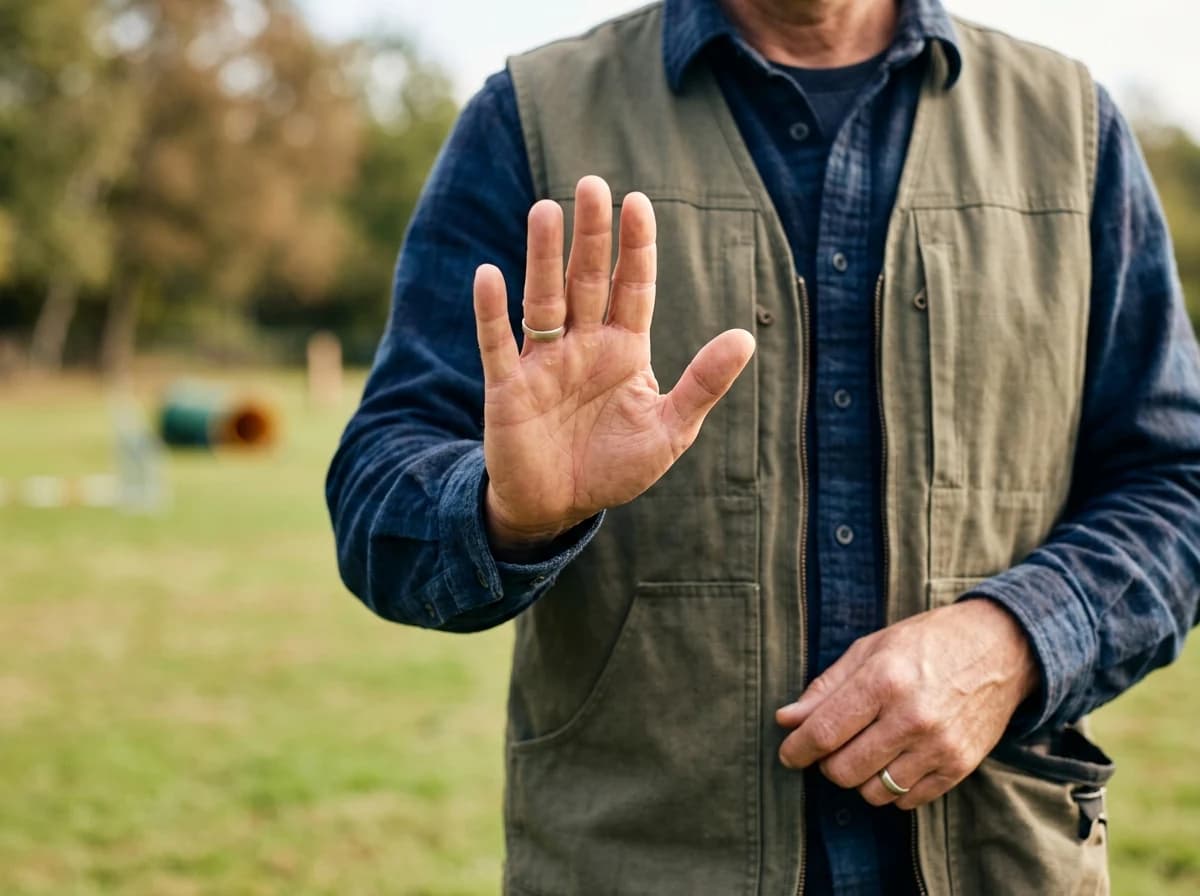 Dog trainer's hands demonstrating a 'stay' hand signal to an out-of-frame dog.