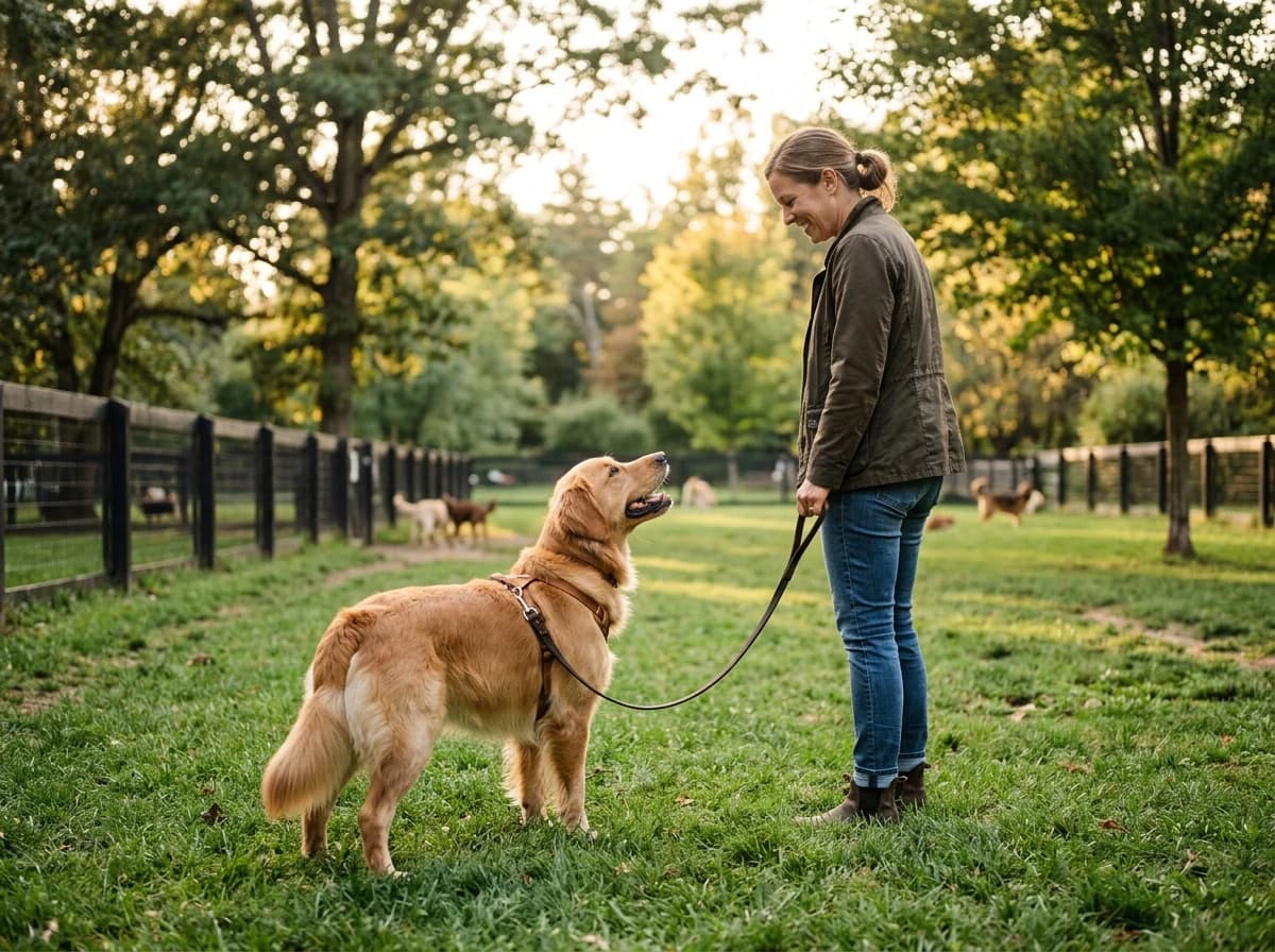 Golden retriever on leash looking up at owner in a fenced park, focused and attentive.