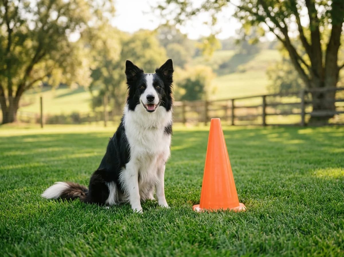 Happy border collie sitting proudly next to an agility cone, looking accomplished.