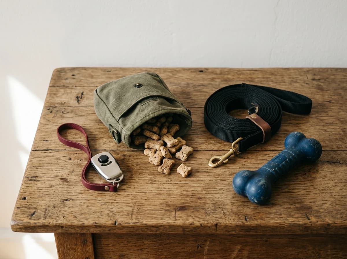 Various dog training tools: clicker, treat pouch, long leash, and a chew toy on a wooden surface.