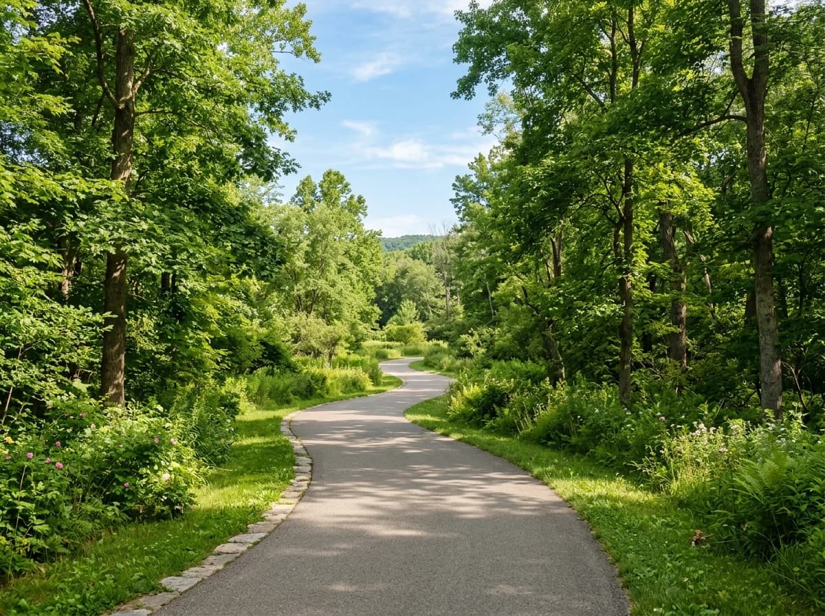 Empty winding paved path through a lush green park, perfect for dog walking.