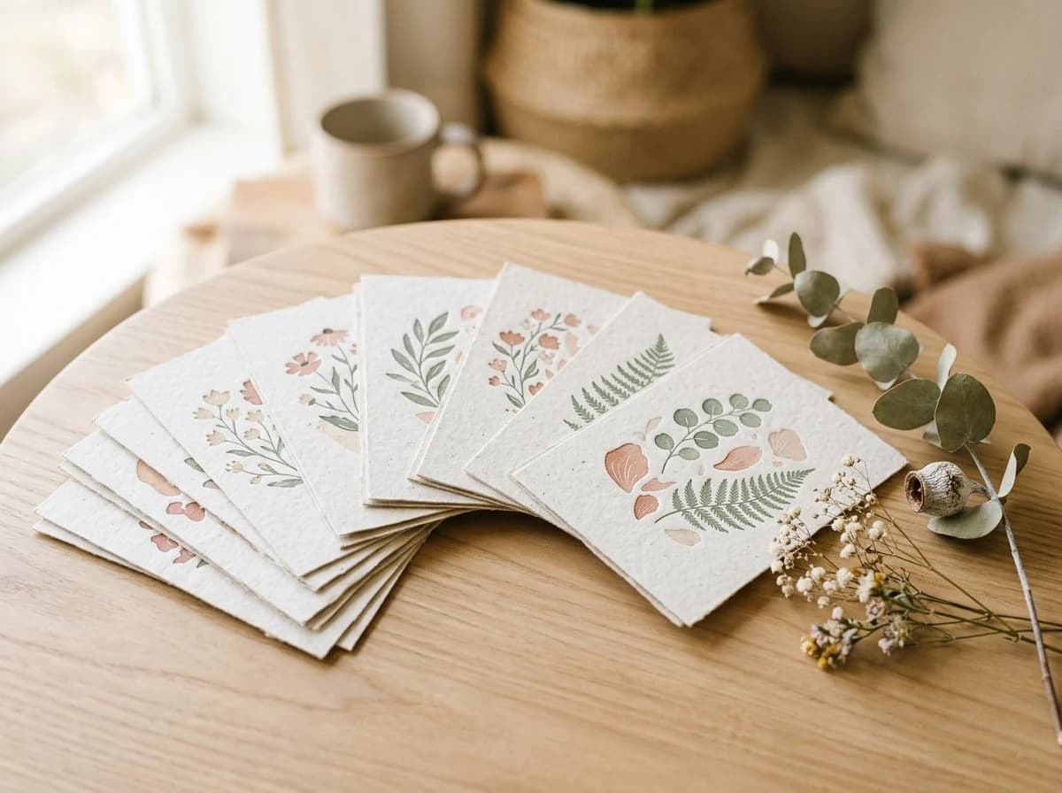 A stack of beautifully designed birth affirmation cards with gentle, encouraging phrases, made from textured cardstock, arranged on a smooth, light-colored surface with a soft, natural flower.