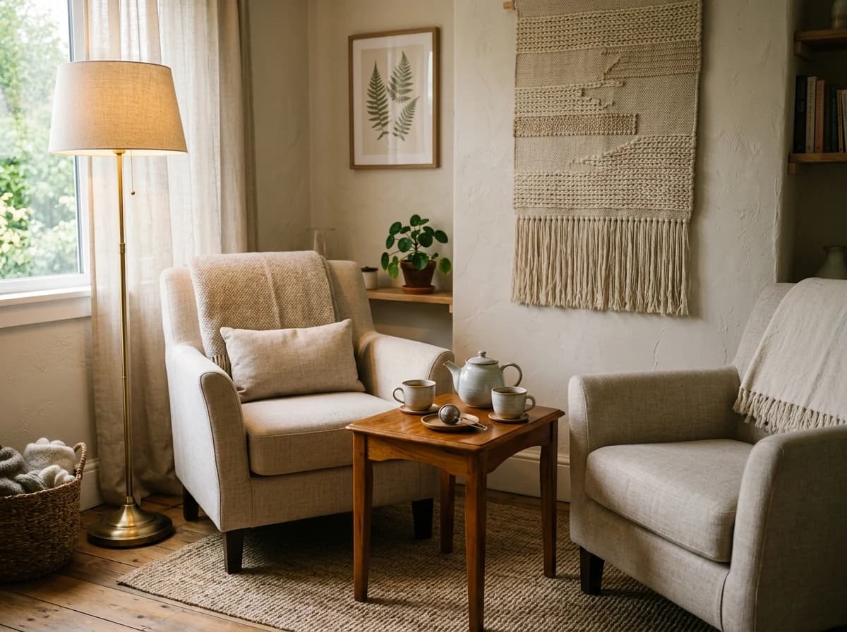 A peaceful and inviting consultation space for a doula, featuring two comfortable armchairs, a small table with herbal tea, soft lighting, and natural textures on the wall.