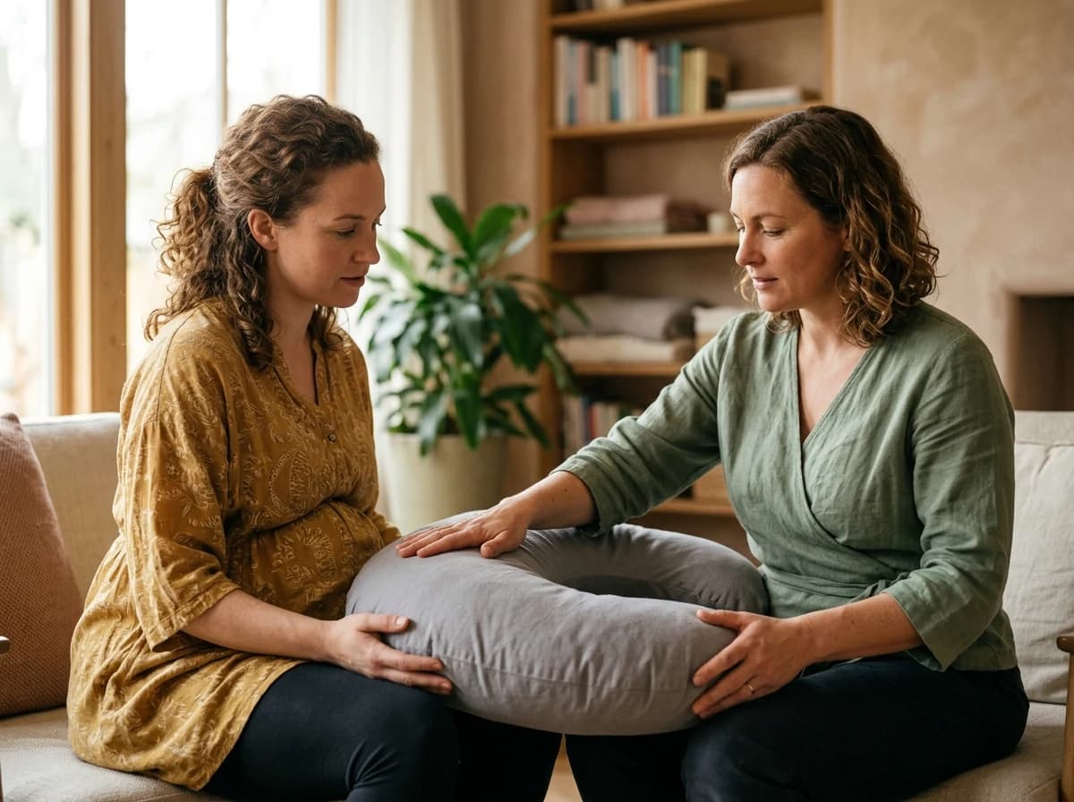 A doula, an adult woman, gently demonstrating a comfort measure technique on a pregnancy pillow to a seated pregnant adult client, emphasizing supportive touch and education.