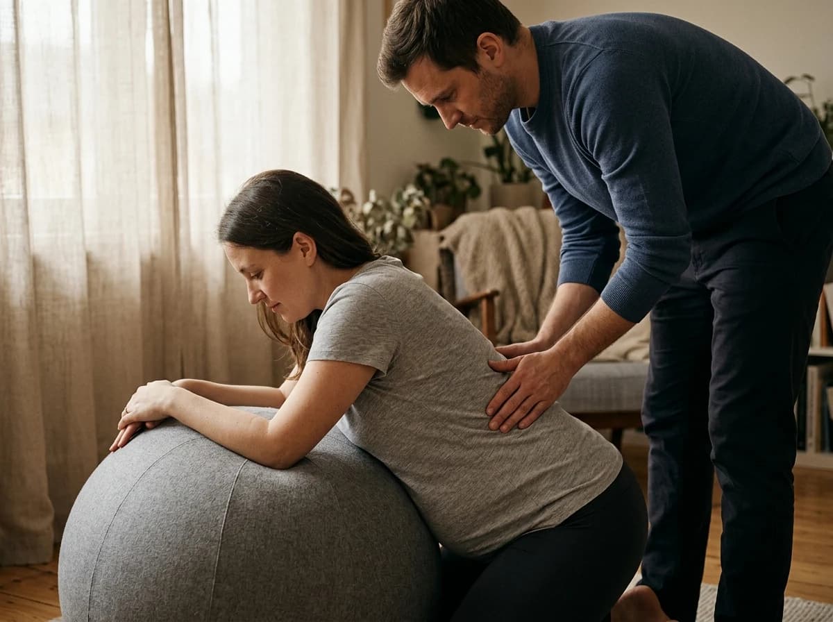 A partner gently rubbing the back of a pregnant adult person who is leaning forward, supported by a large birthing ball, showing natural comfort and connection.