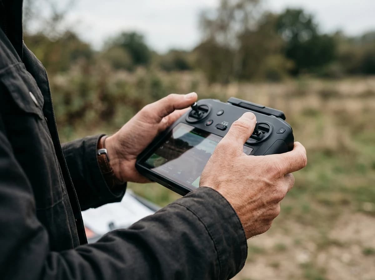 Hands of an adult drone pilot expertly manipulating a professional drone controller with joysticks and buttons.