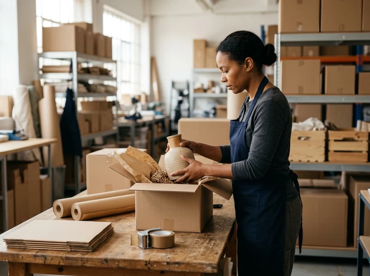 A fulfillment worker packing a home accessory into a shipping box.