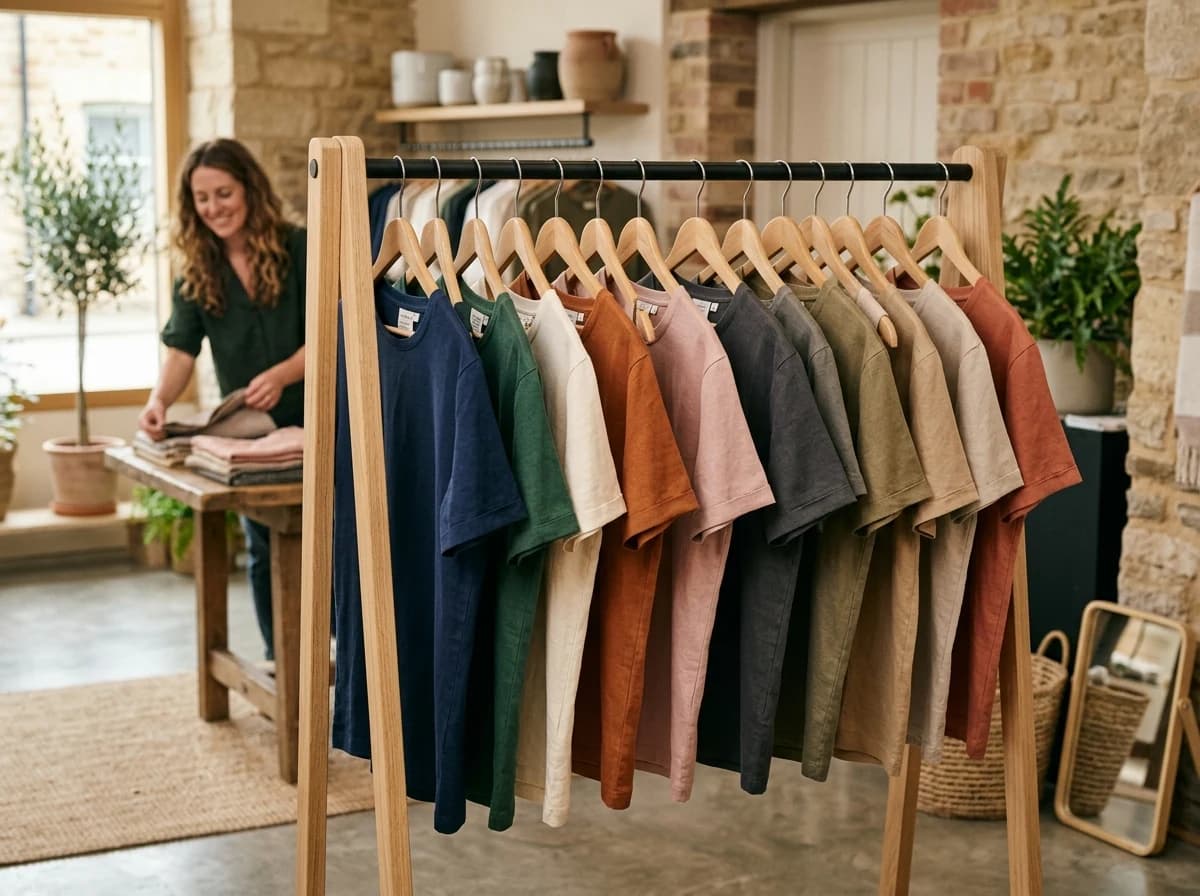 A clothing rack displaying various sizes and colors of a single apparel item.