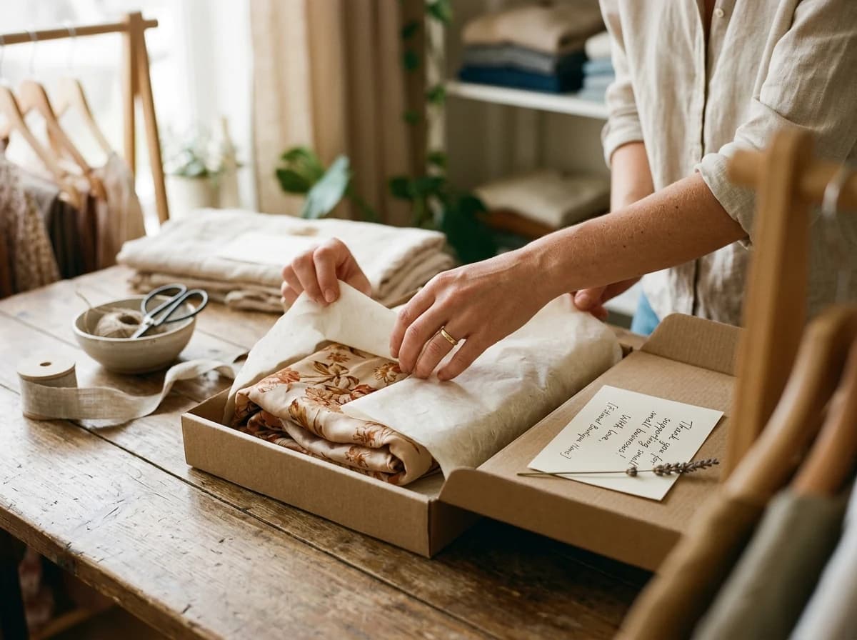 A boutique owner carefully packaging a customer's order in branded materials.