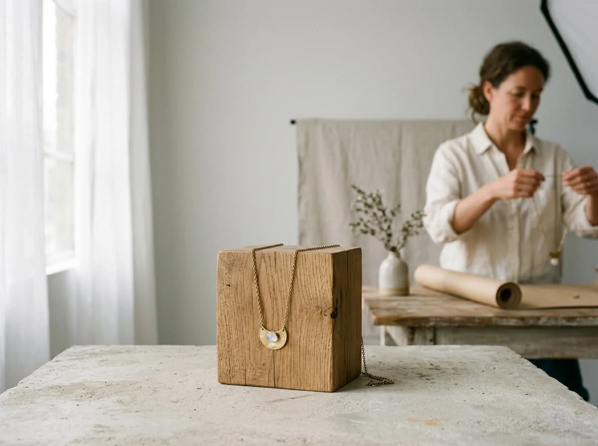 A minimalist photography studio setup for a clothing boutique, with softbox lighting.
