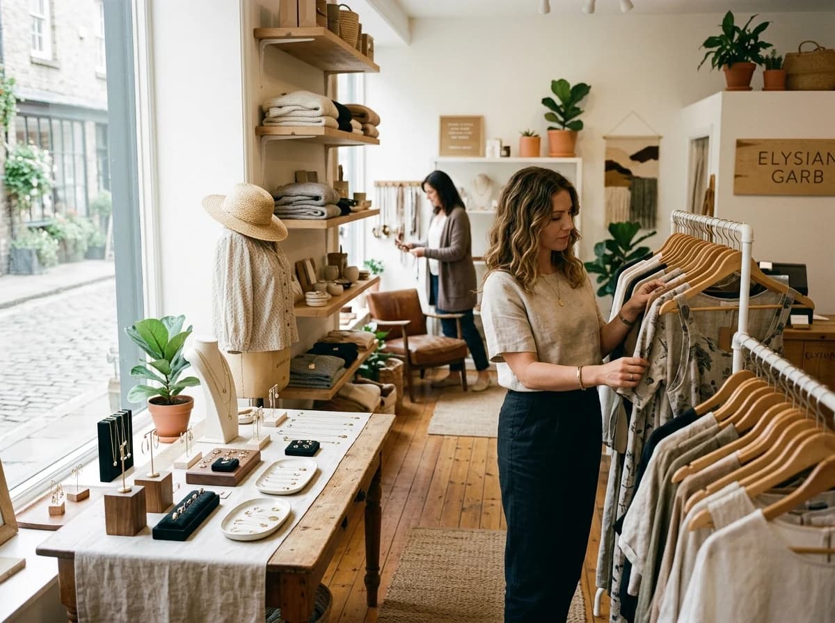 A chic, inviting interior of a small fashion boutique with curated displays.