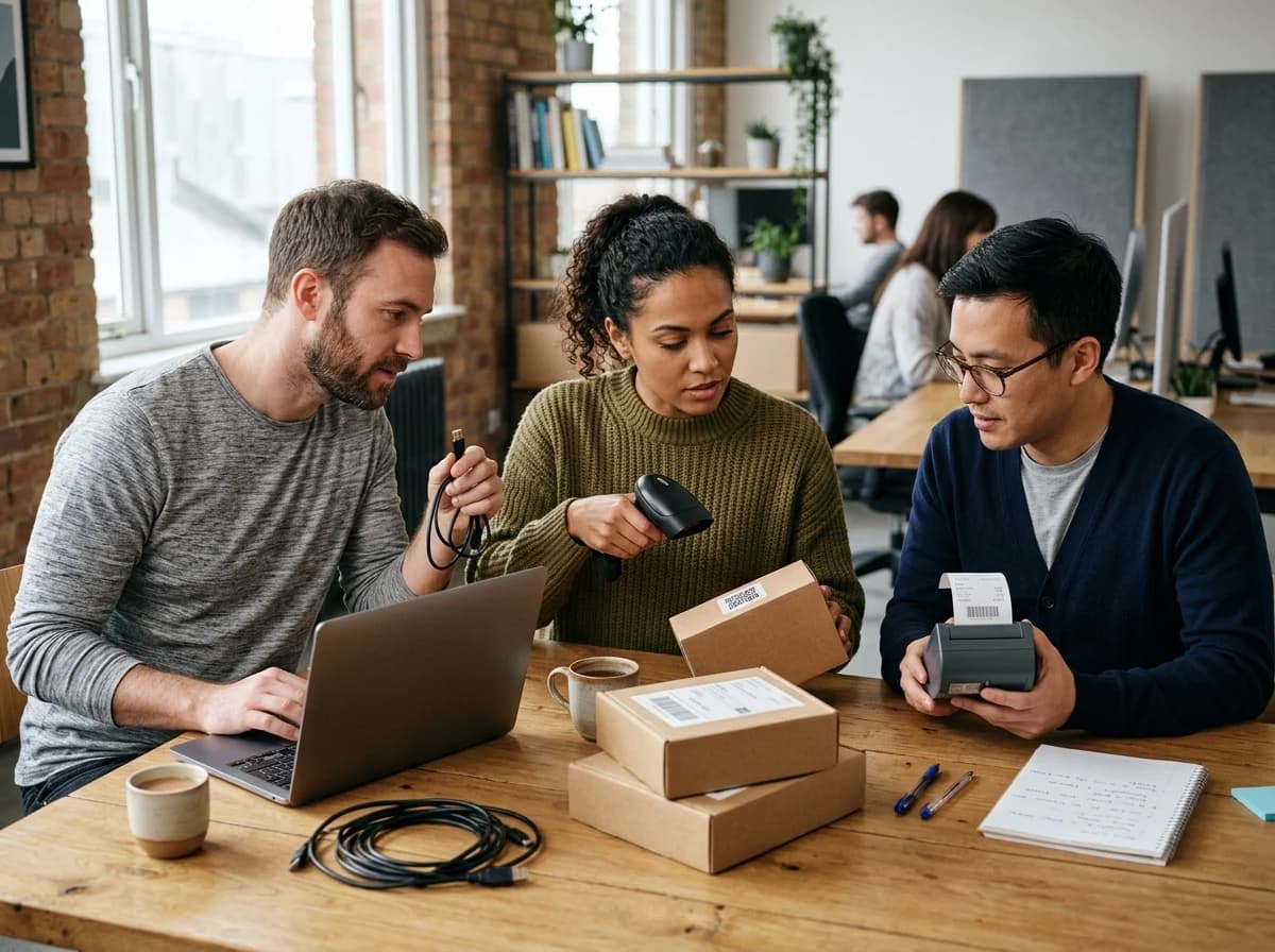 Three fictional adult software developers testing an unbranded barcode scanner beside sample parcels and a small thermal receipt printer on a collaborative office table