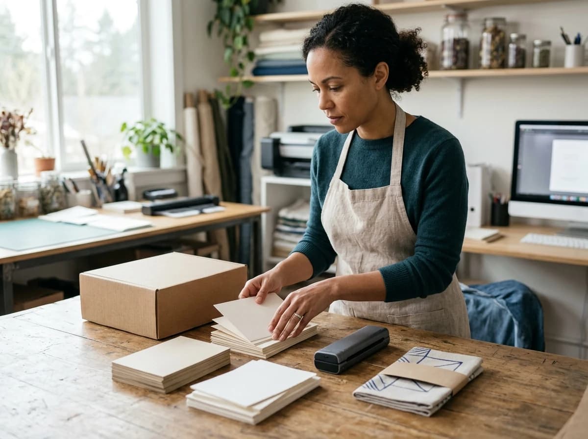 Fictional adult designer arranging blank paper cards beside an unbranded parcel, scanner and product sample on a studio table