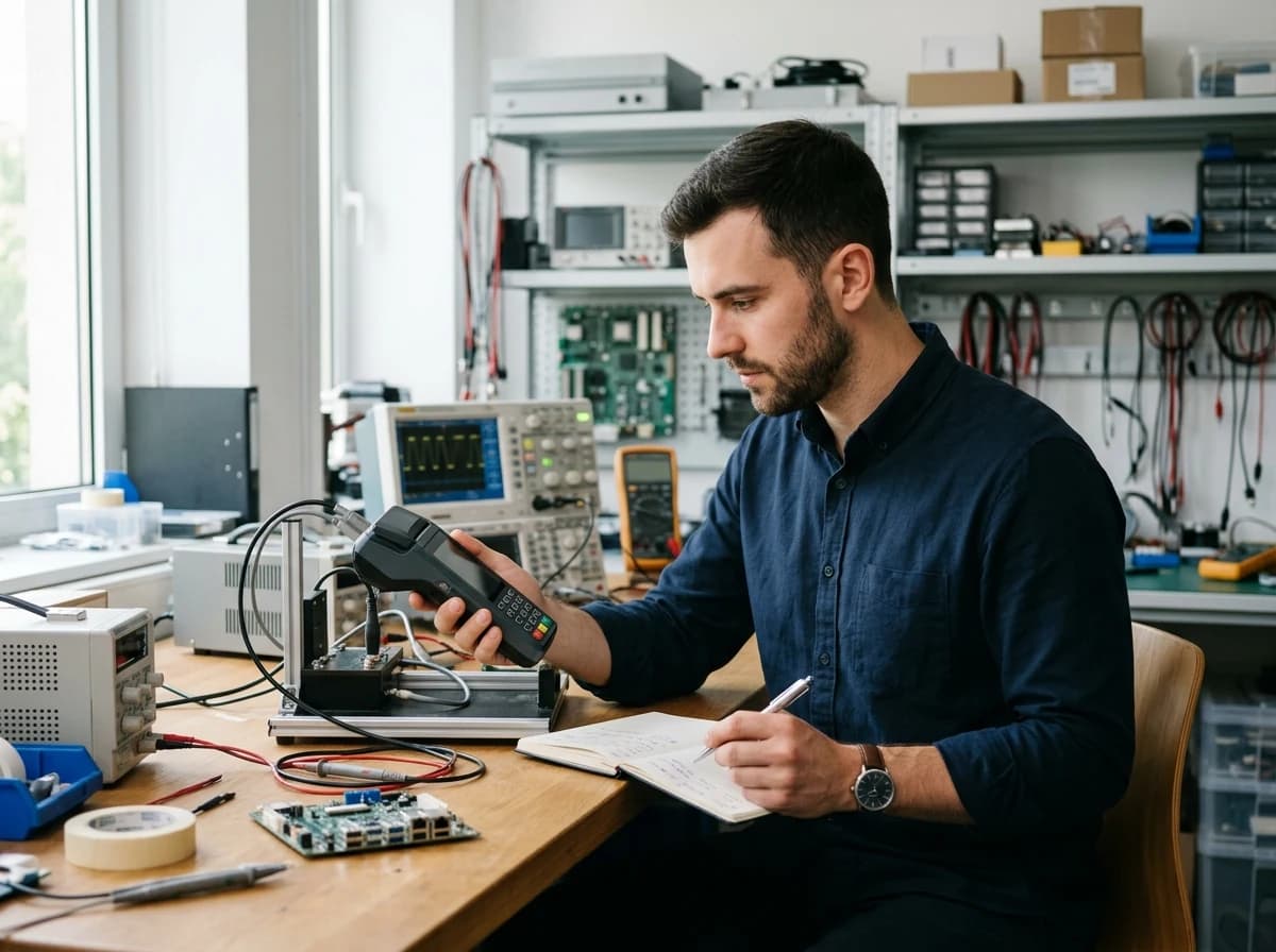 A software quality assurance engineer meticulously testing a physical device in a well-lit lab.