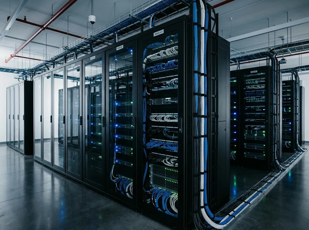 A well-maintained, secure server room with blinking lights and organized cabling, showcasing infrastructure.