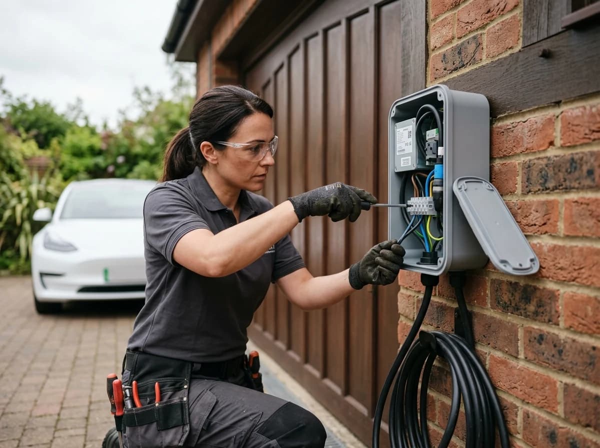 A skilled electrician in work gloves carefully installing an EV charger unit onto an exterior wall, connecting wires with a screwdriver, focusing on hands-on precision.