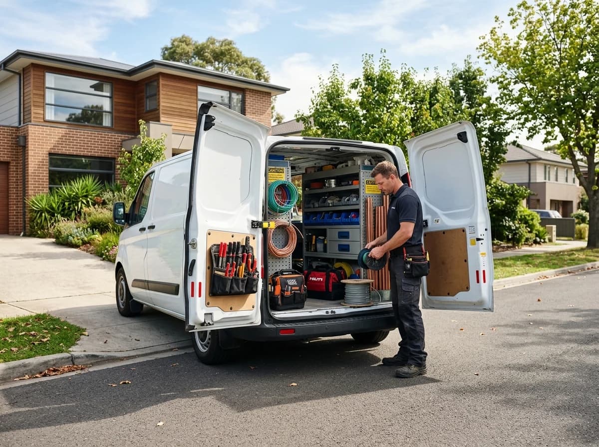 Well-organized white electrician's work van parked on a sunny residential street in front of a modern home, showing tools and equipment through open rear doors, ready for a job.