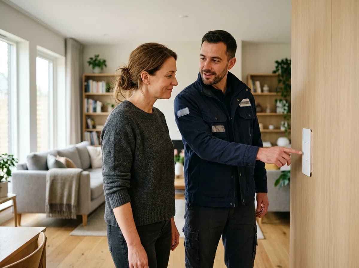 An adult homeowner thoughtfully observing an electrician in work clothes demonstrating a newly installed electrical outlet, with a subtle look of satisfaction.