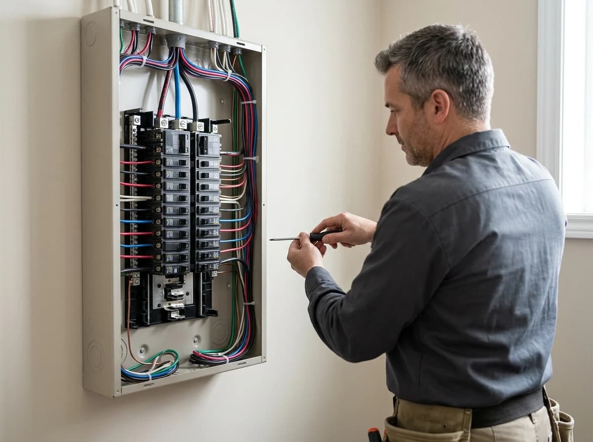 A neatly installed, modern electrical panel with clearly labeled circuit breakers and clean, organized wiring, highlighting a professional upgrade.