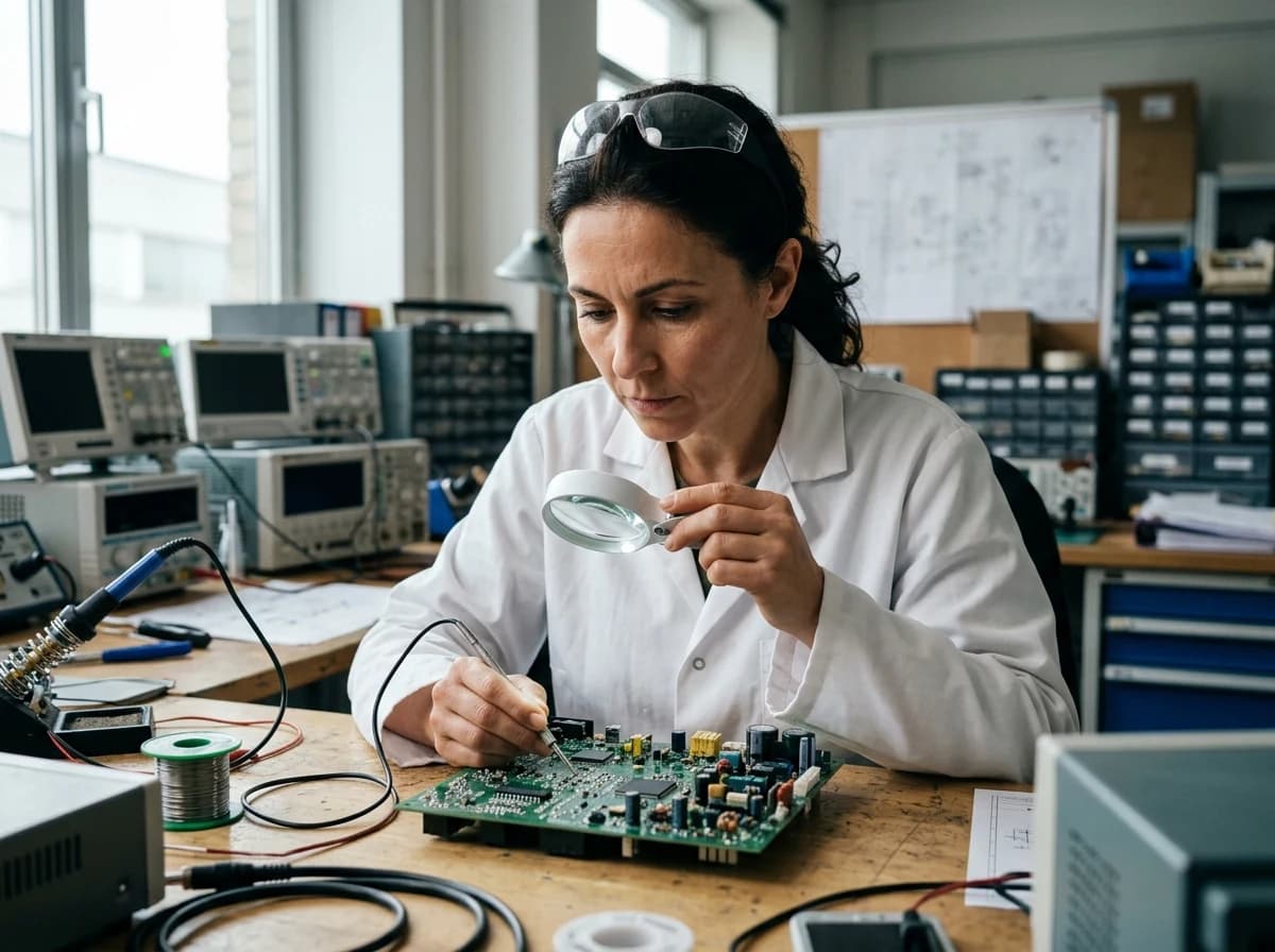 Engineer in lab coat carefully inspecting a circuit board with a magnifying tool.