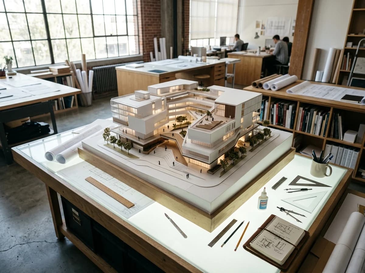 Detailed architectural model of a modern building on a large drafting table in a bright studio.