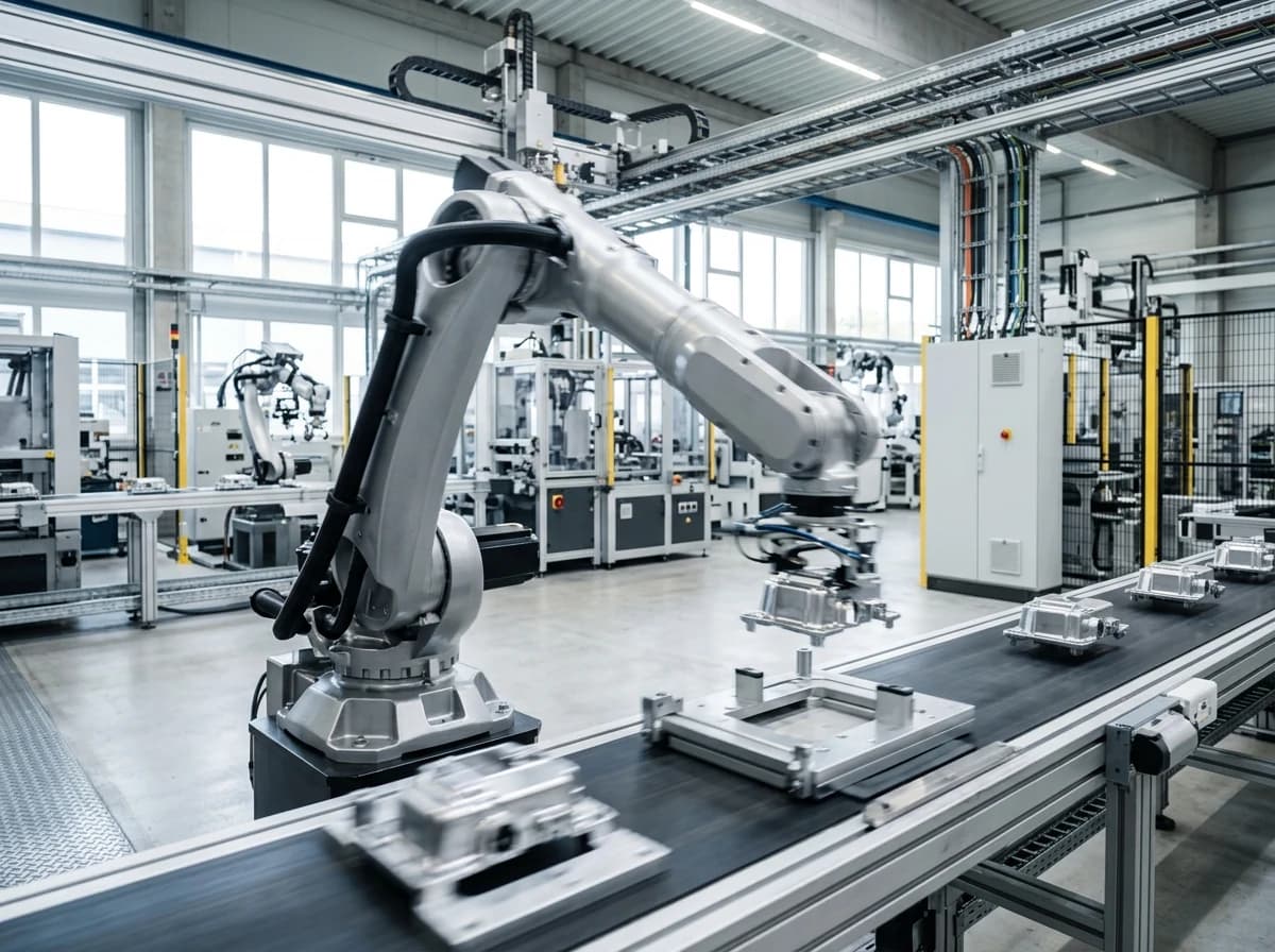 Sleek industrial robot arm precisely placing a component on an assembly line in a clean factory.