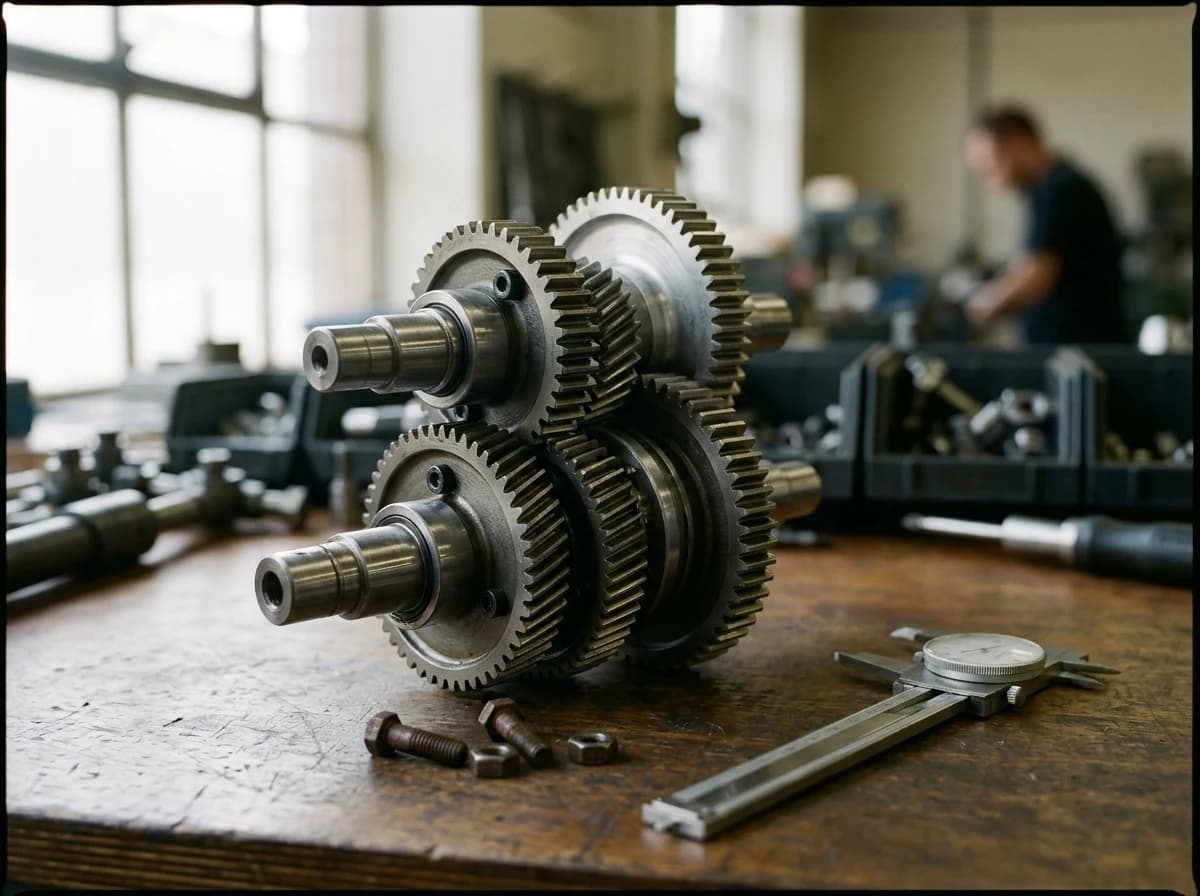 Machined metal gear assembly and a digital caliper on an engineer’s clean workbench.
