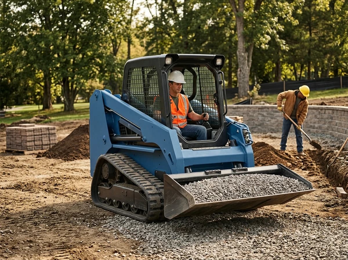 Adult operator in safety gear driving a plain blue compact loader on a landscaped worksite