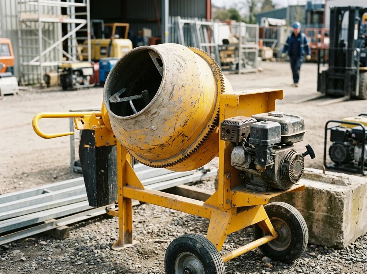 Close-up of a robust, clean orange portable concrete mixer, showing its drum and controls, against a industrial background.
