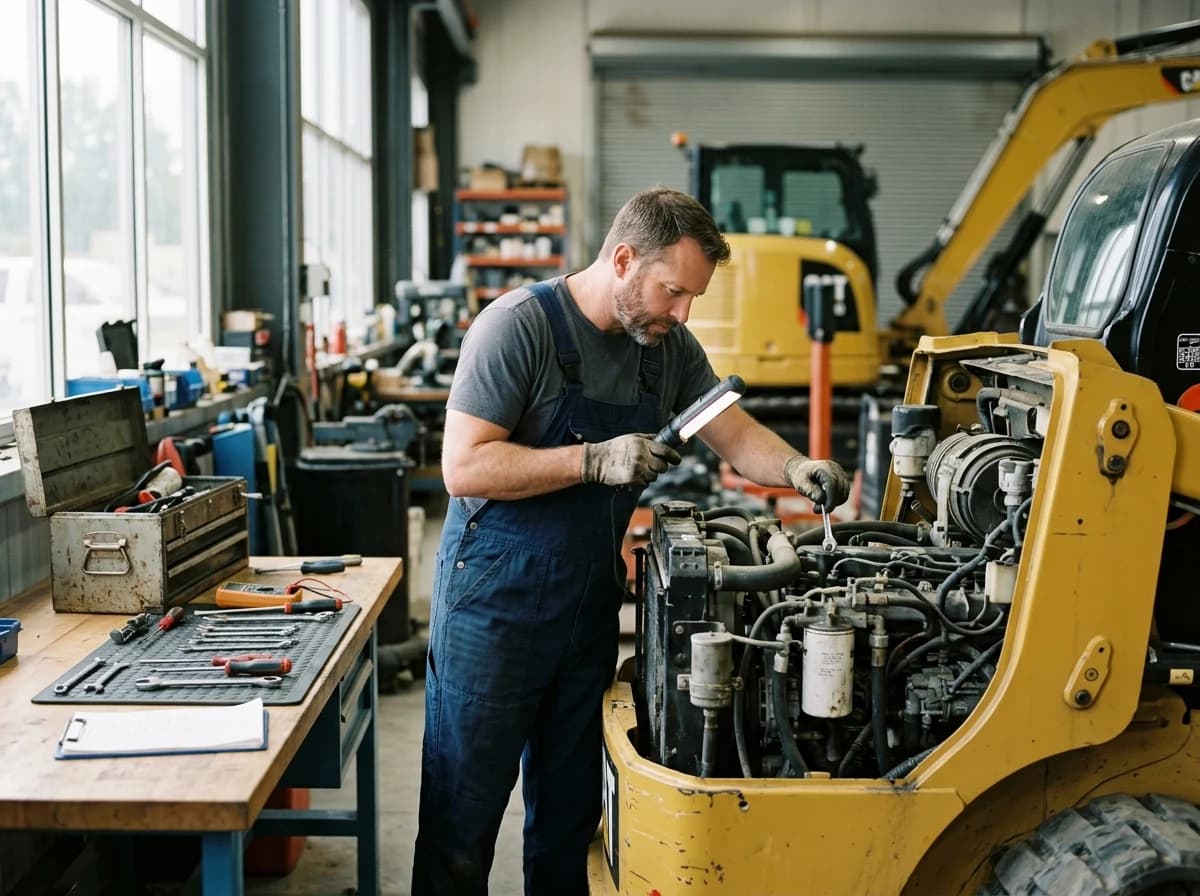 Adult technician in workwear, with gloves and tools, carefully inspecting the engine of a piece of rental machinery.