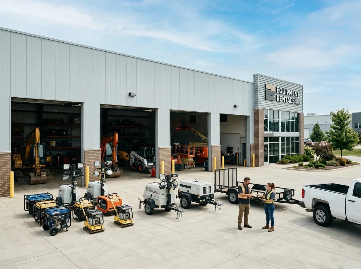 Clean, organized heavy equipment rental warehouse exterior with large bay doors and visible machinery, under clear sky.