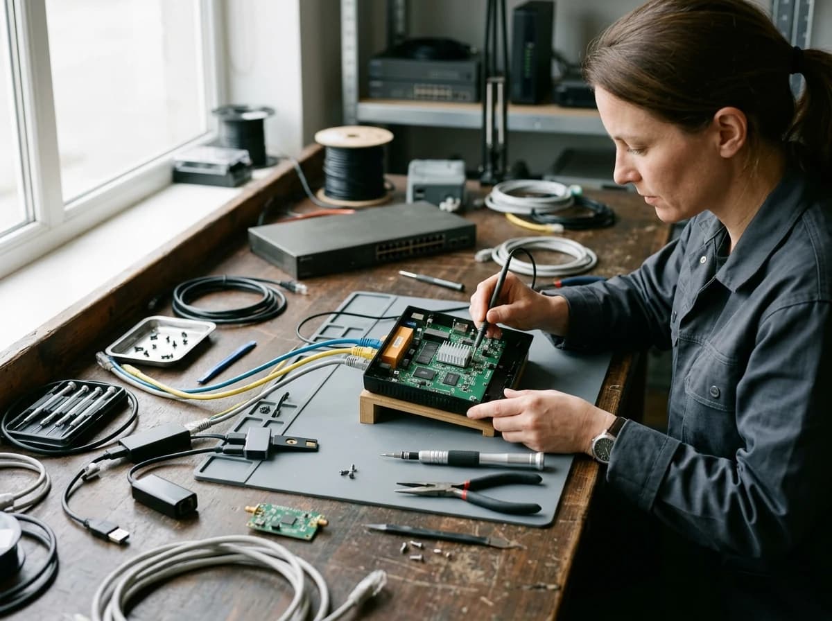 An authorized security testing workbench with a disassembled router, network adapters, Ethernet leads and a small hardware security key.