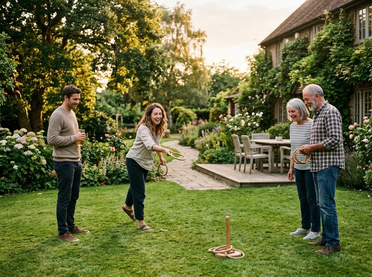 Adult relatives playing ring toss together on a garden lawn.