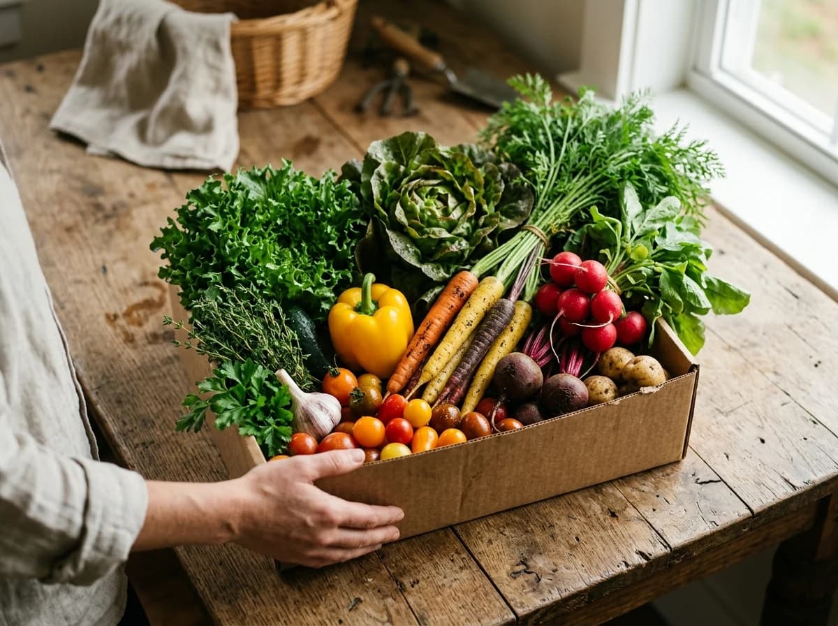 Close-up detail of a colorful CSA produce box filled with a curated selection of fresh, seasonal vegetables: crisp lettuce, heirloom carrots, a bunch of radishes, and sweet bell peppers, nestled together on a rustic wooden table. Focus on texture and freshness.