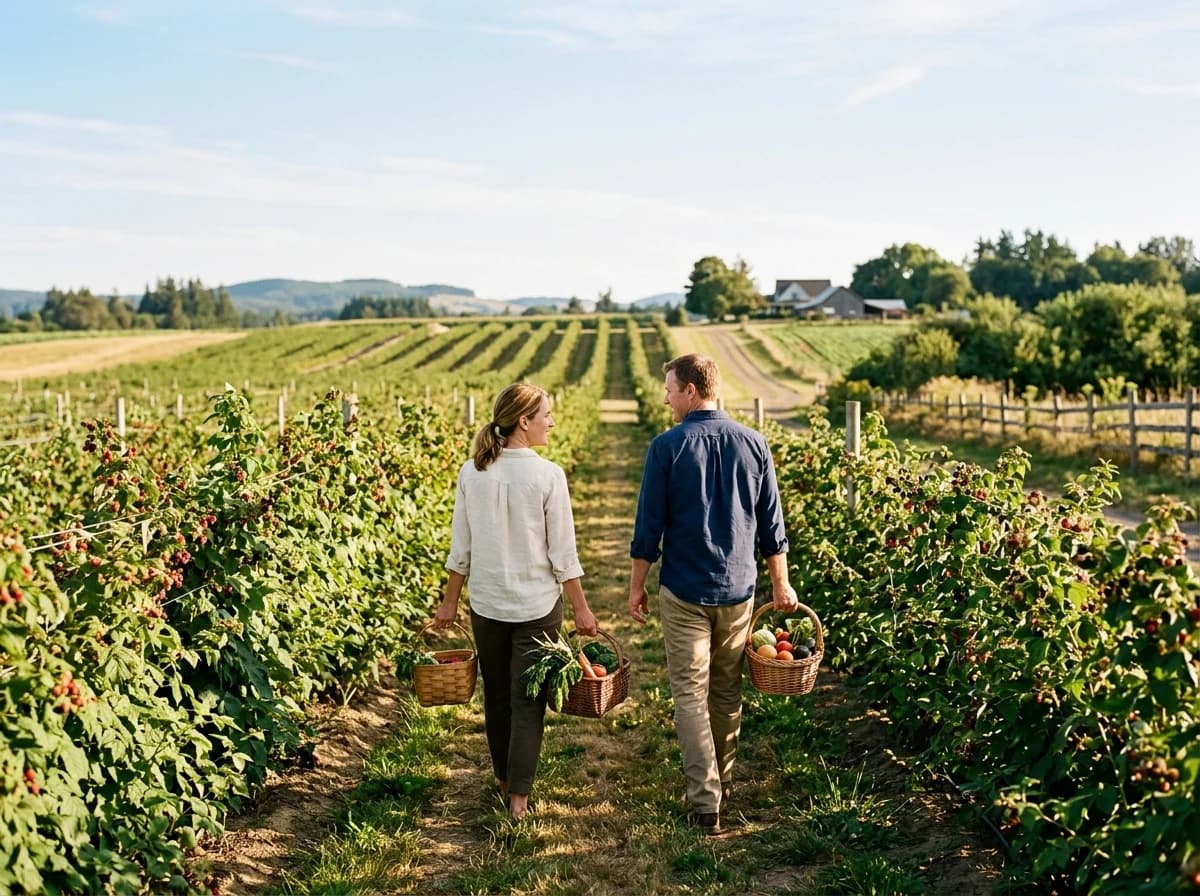 An adult woman and an adult man, seen from behind, happily walking through rows of green leafy plants in a sun-drenched field, each carrying a basket full of freshly picked produce, capturing the joyful experience of a 'u-pick' farm. Focus on natural movement.