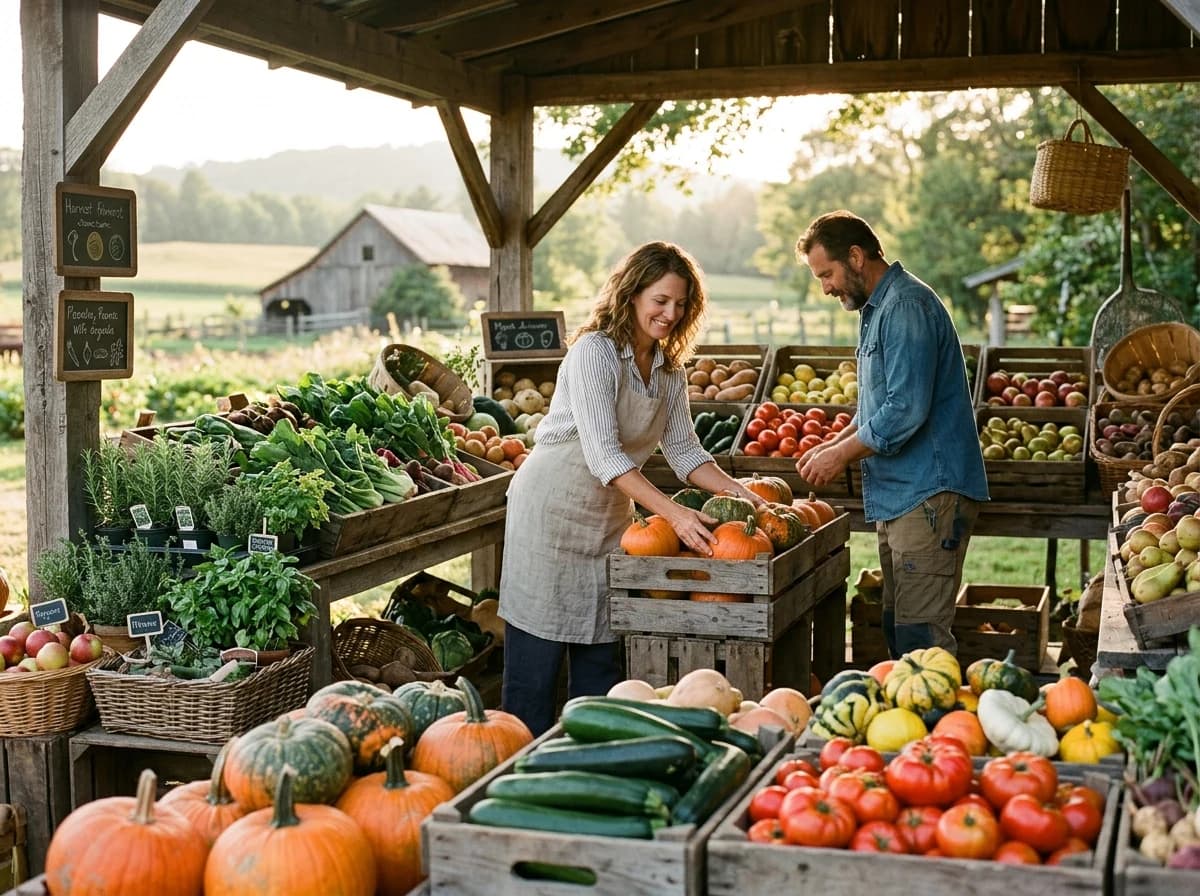 Bountiful, rustic farm stand at golden hour, displaying fresh, seasonal produce like vibrant squash, leafy greens, and ripe tomatoes in wooden crates and baskets, with a handwritten sign partially visible in the background, implying a local operation. Sunlight warms the scene.