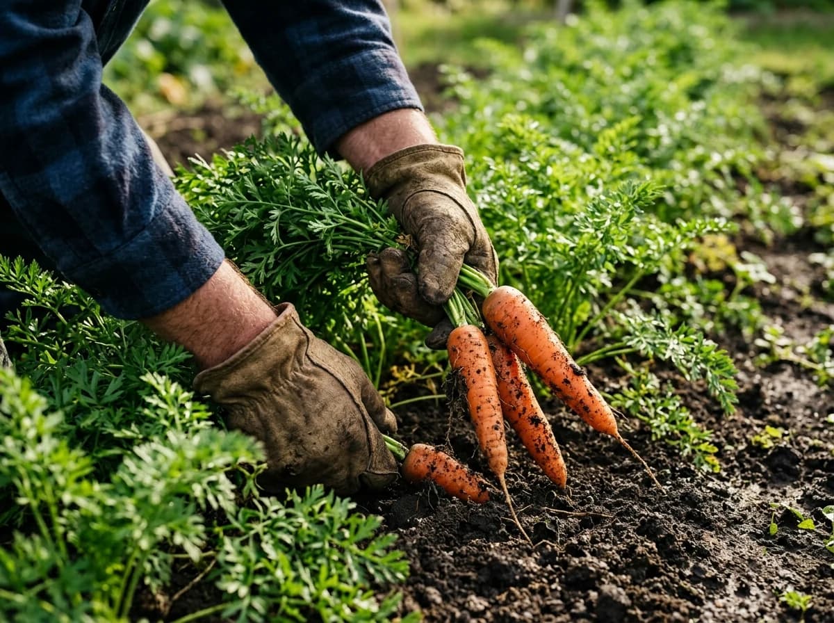 Hands of an adult farmer, wearing practical work gloves, gently pulling vibrant orange carrots from rich, dark soil in a sunlit field, showcasing the tangible act of harvesting produce. Focus on the hands and the freshly dug vegetables.