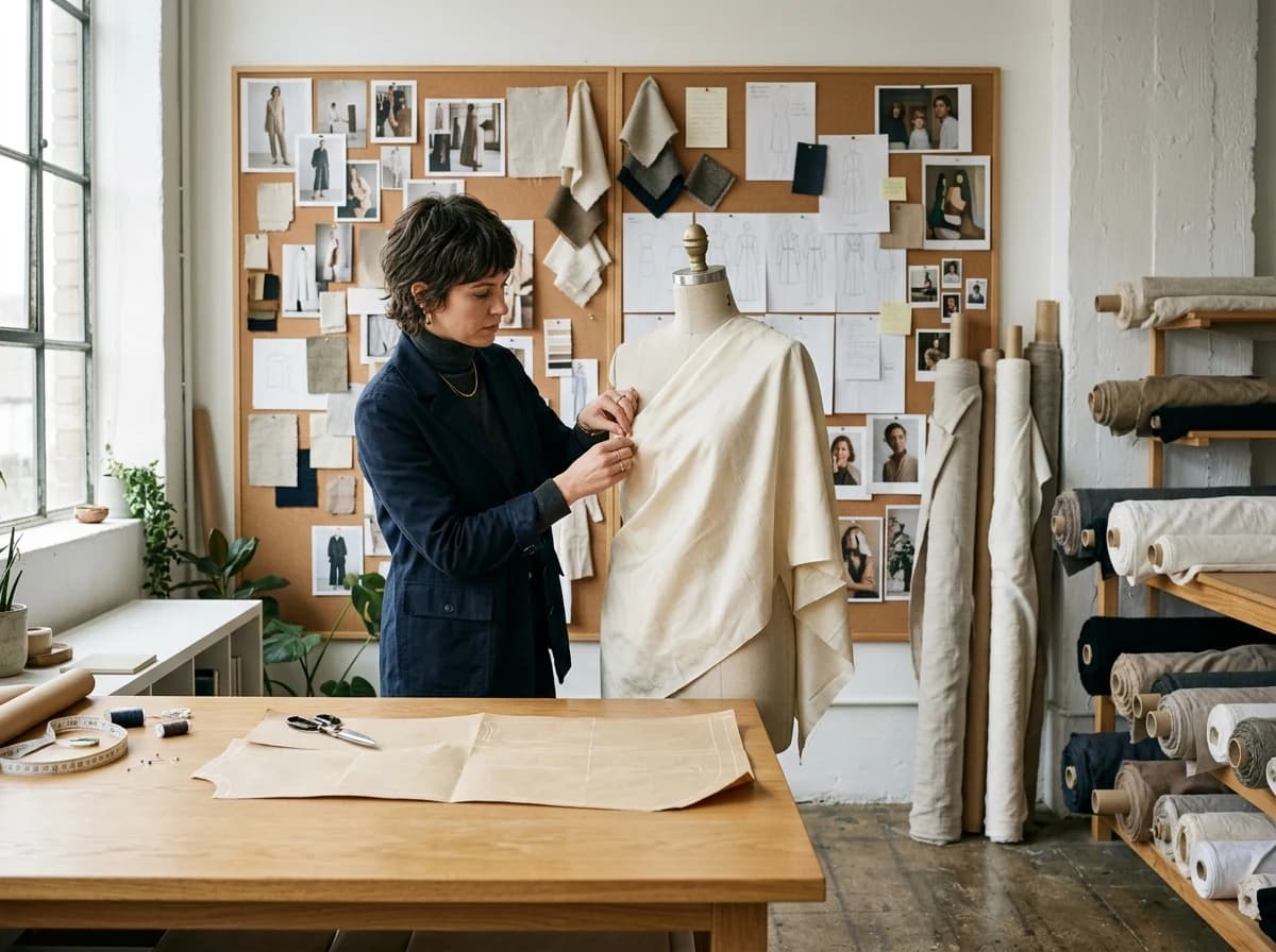 Bright, modern fashion design studio with a designer draping fabric on a mannequin, surrounded by sketches and swatches.