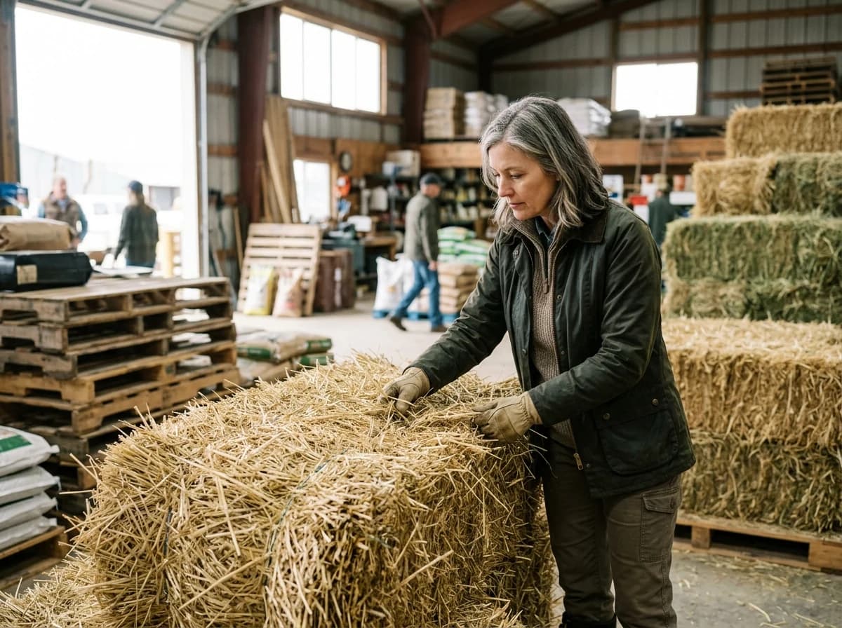 Customer examining a bale of hay in a spacious feed store, considering options for their livestock.