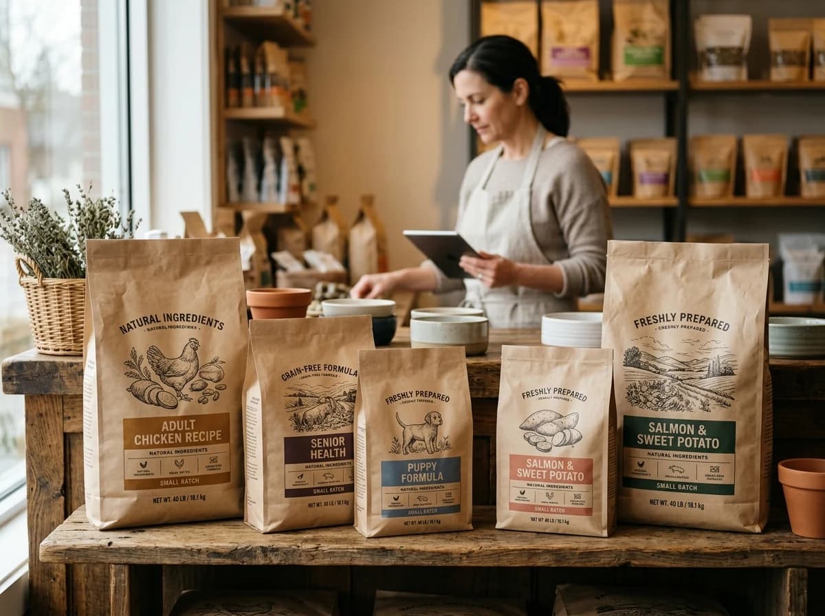A close-up of premium pet food bags, showcasing different sizes and formulations, on a rustic wooden shelf.