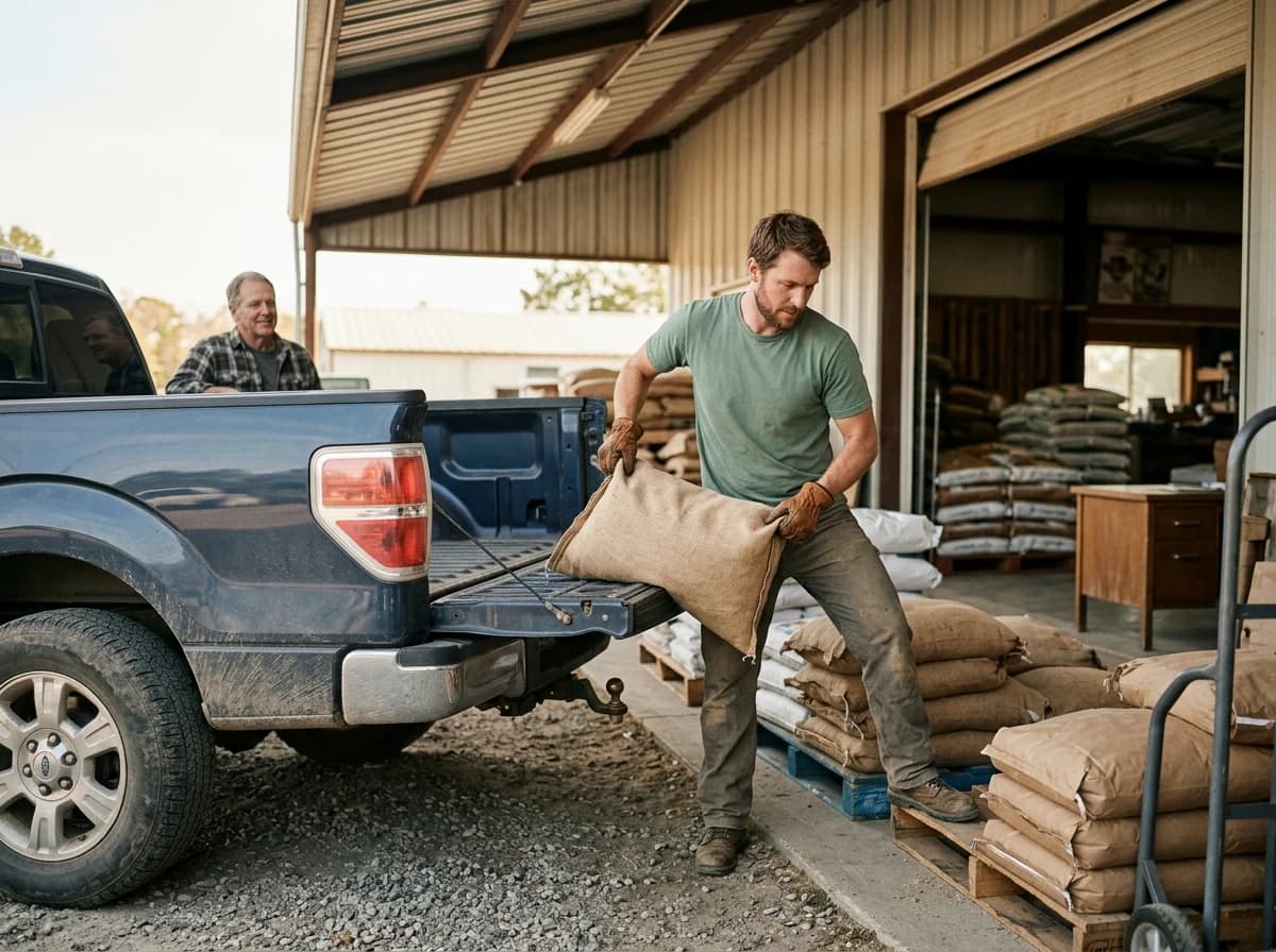 Feed store employee safely loading large bags of feed onto the back of a customer's pickup truck.