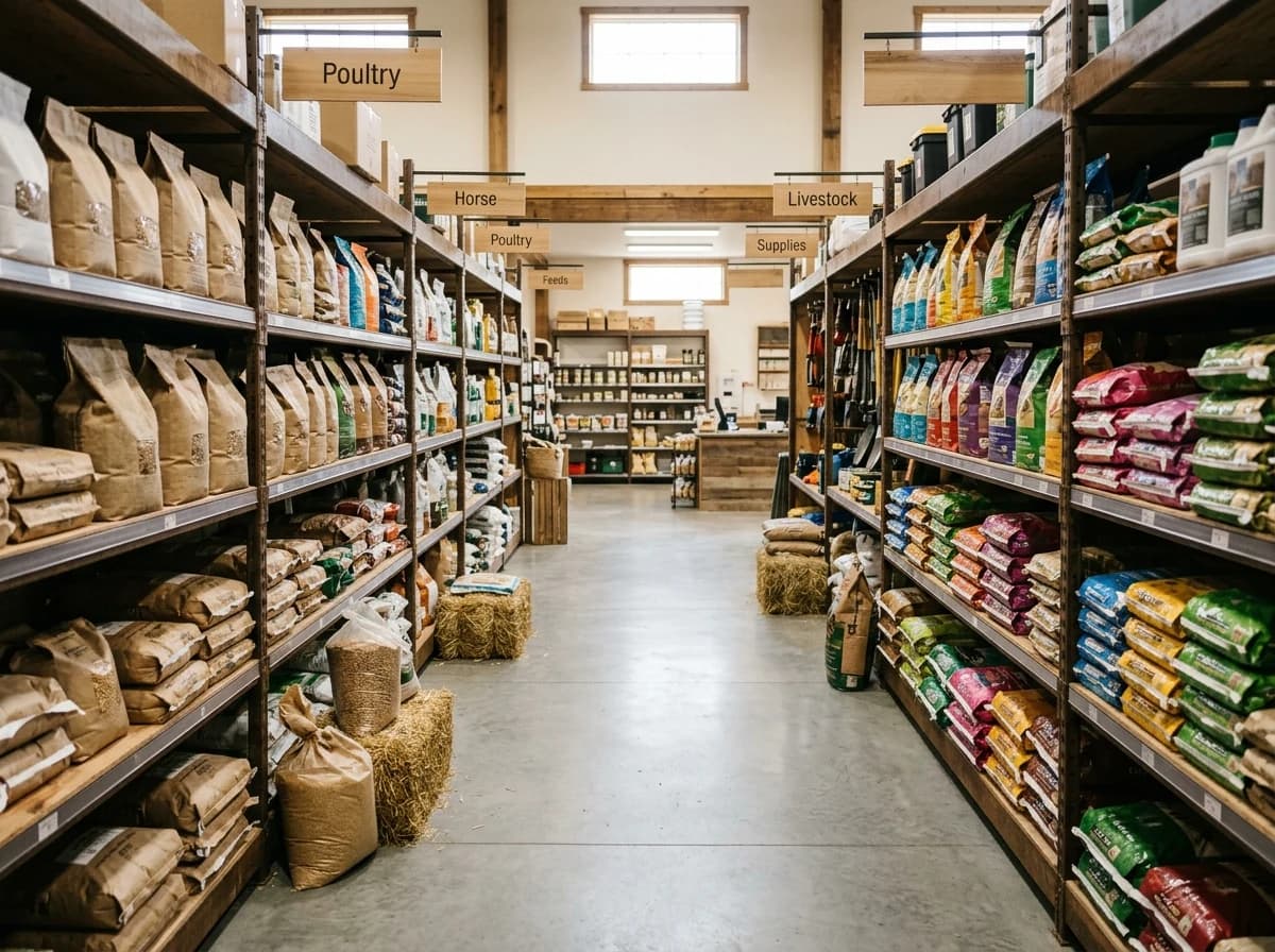 Well-stocked aisle in a feed store with neatly stacked bags of various animal feeds and supplies.