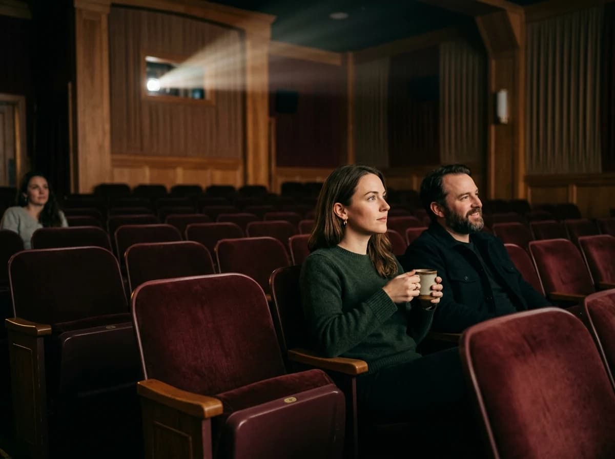 Small independent cinema auditorium with burgundy seats, projection light and a few fictional adult viewers, screen outside the frame