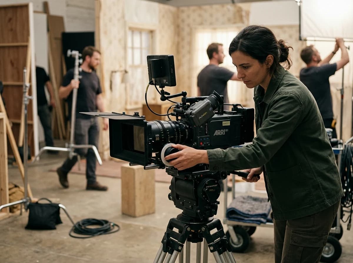 A cinematographer adjusting a professional camera rig on a quiet, stylized film set.
