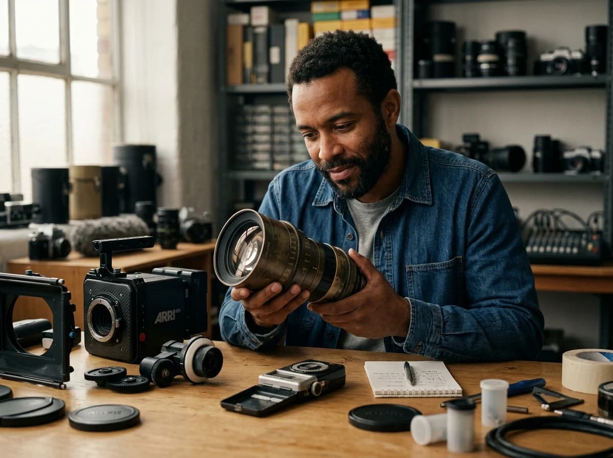 Fictional adult filmmaker inspecting a vintage cinema lens at a workbench with camera body, follow-focus gears and folded light meter