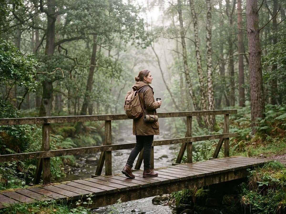 Film still style editorial photograph of a fictional adult traveler in a brown coat crossing a misty woodland footbridge at dawn