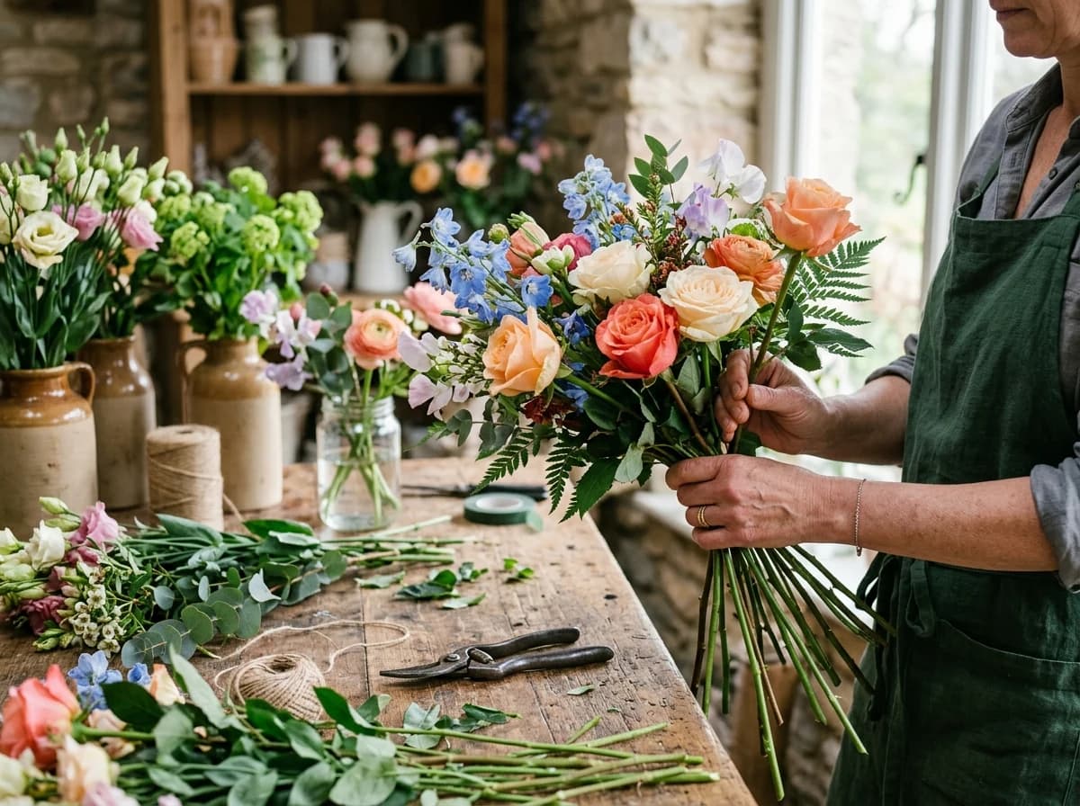 Florist's hands carefully arranging fresh flowers into a bouquet at a workbench.