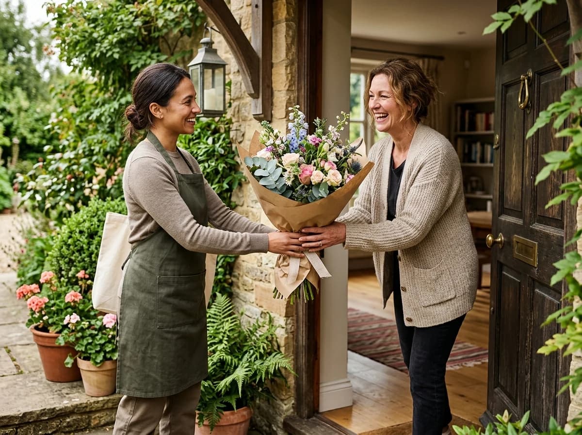 Person happily receiving a bouquet of flowers from a delivery person.